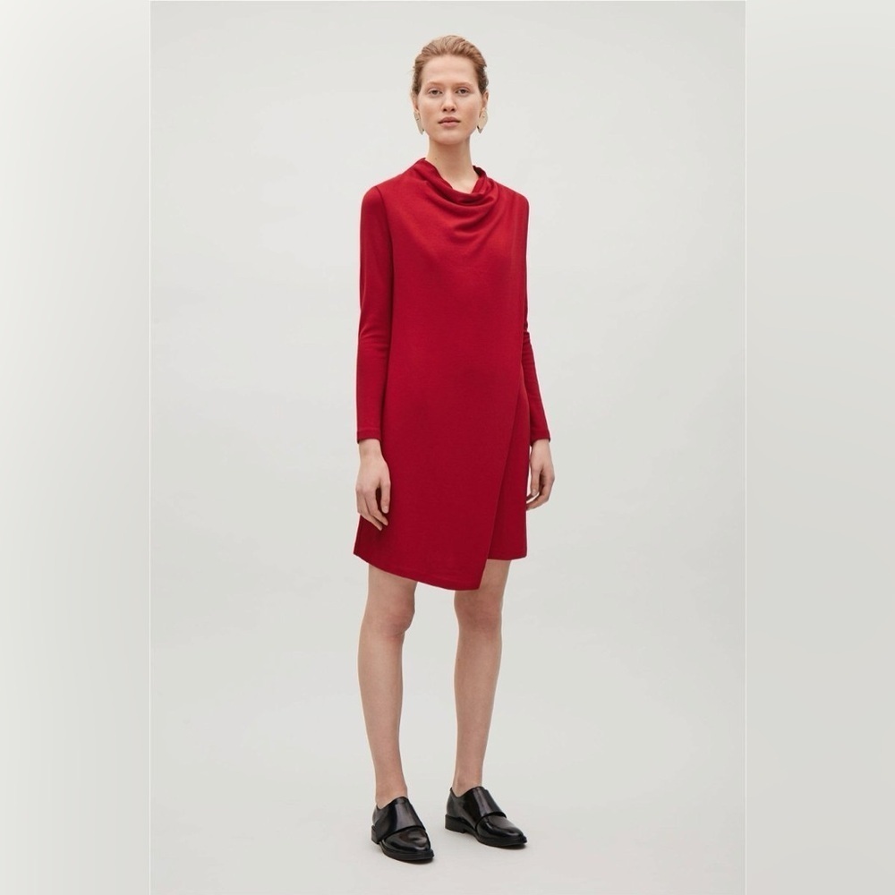 Cos Red Draped Long-Sleeve Shift Dress